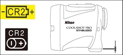 Drawing of a Coolshot Pro Stabilized laser rangefinder and the respective batteries.